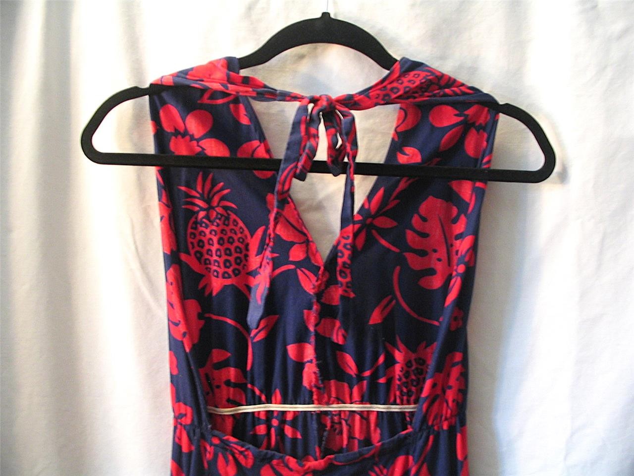 VINTAGE 1972~NAVY BLUE & RED 100% COTTON HANDMADE HAWAIIAN HALTER DRESS~SMALL