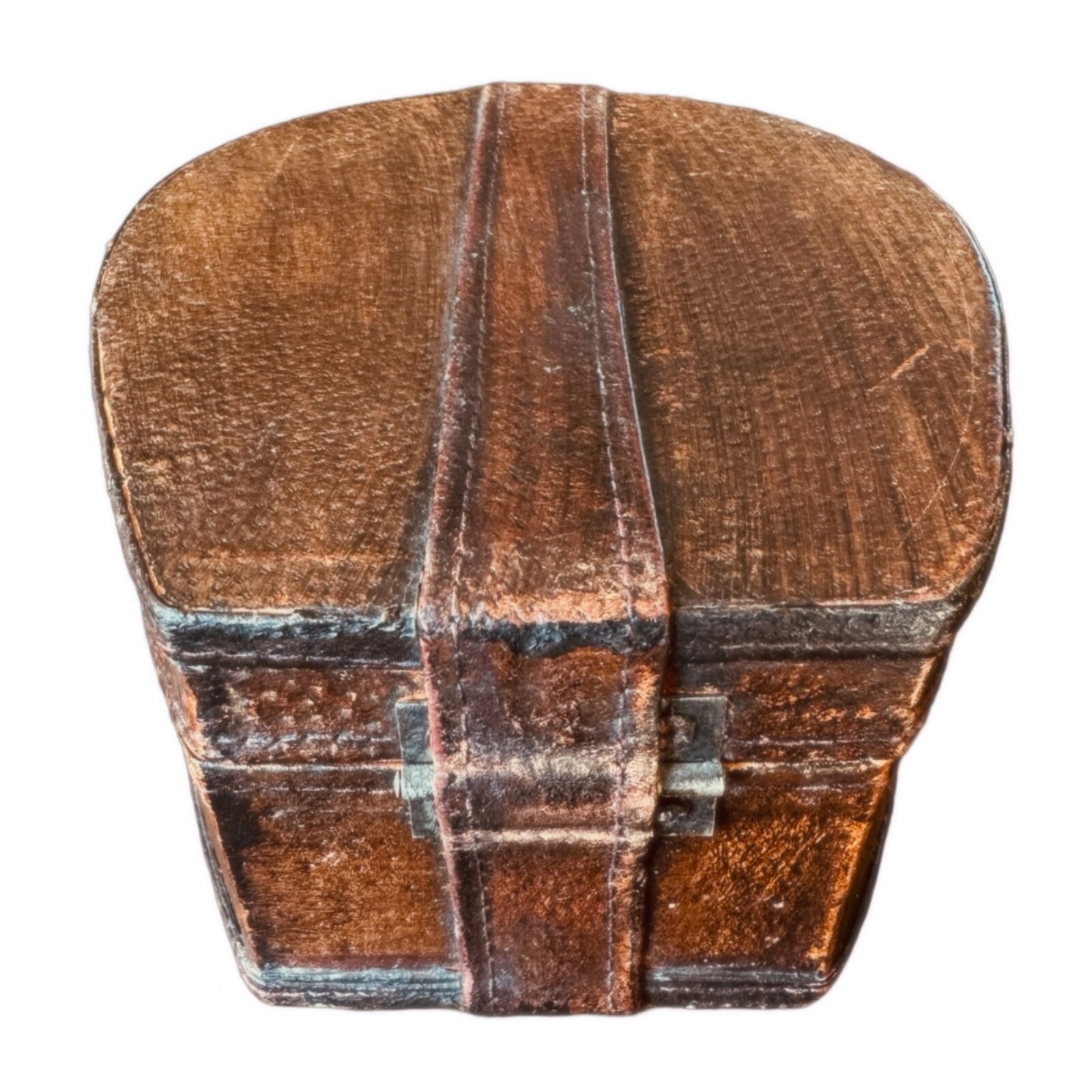 Vintage Antique Bent Wood Leather Covered Collar Box Felt Lined Leather Strap