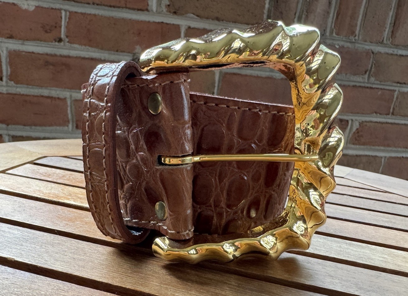 Vtg Nan Lewis Tan Croc-Embossed Wide Leather Belt Day Lor Gold Statement Buckle
