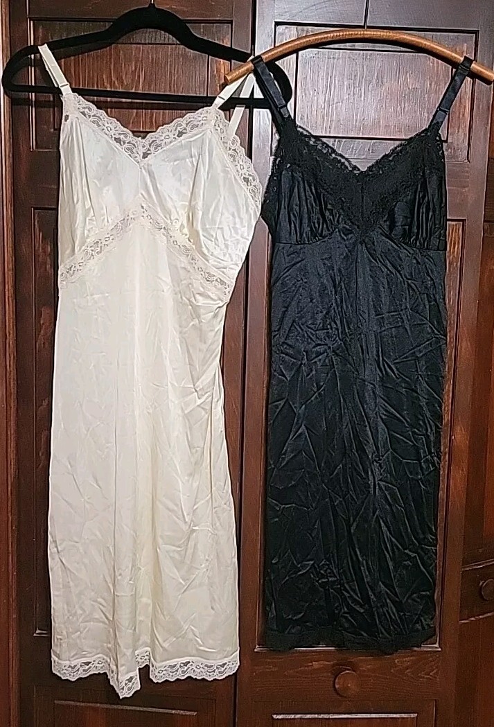 Lot Of 2 Vtg Full/Knee Length Slips Lace 34 Reg Camelot Cream Lorraine Black