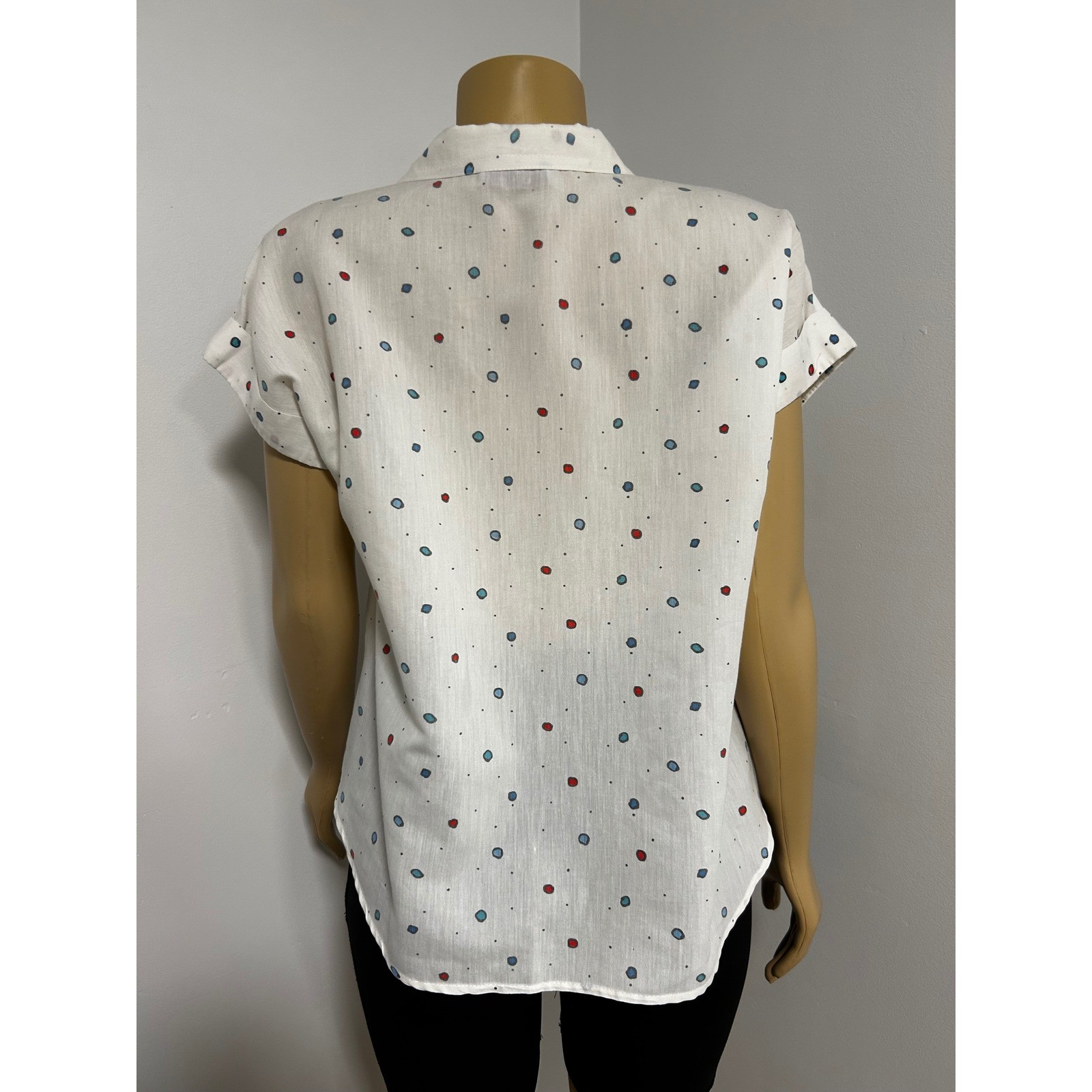 Cabrais 70s mod Vintage Short Sleeve Button Down Polka Dot Shirt White Red Blue