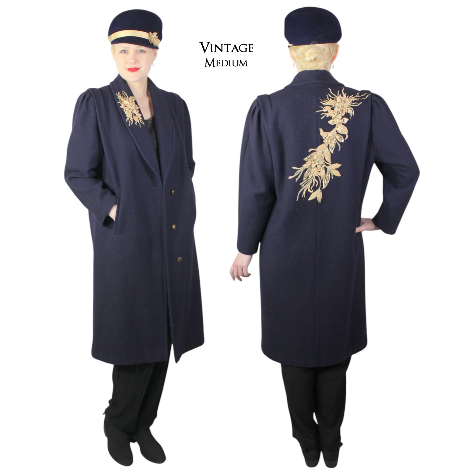 Vintage Hand Embroidered Navy Blue 2 Pc Coat and Hat Military Look Size Medium