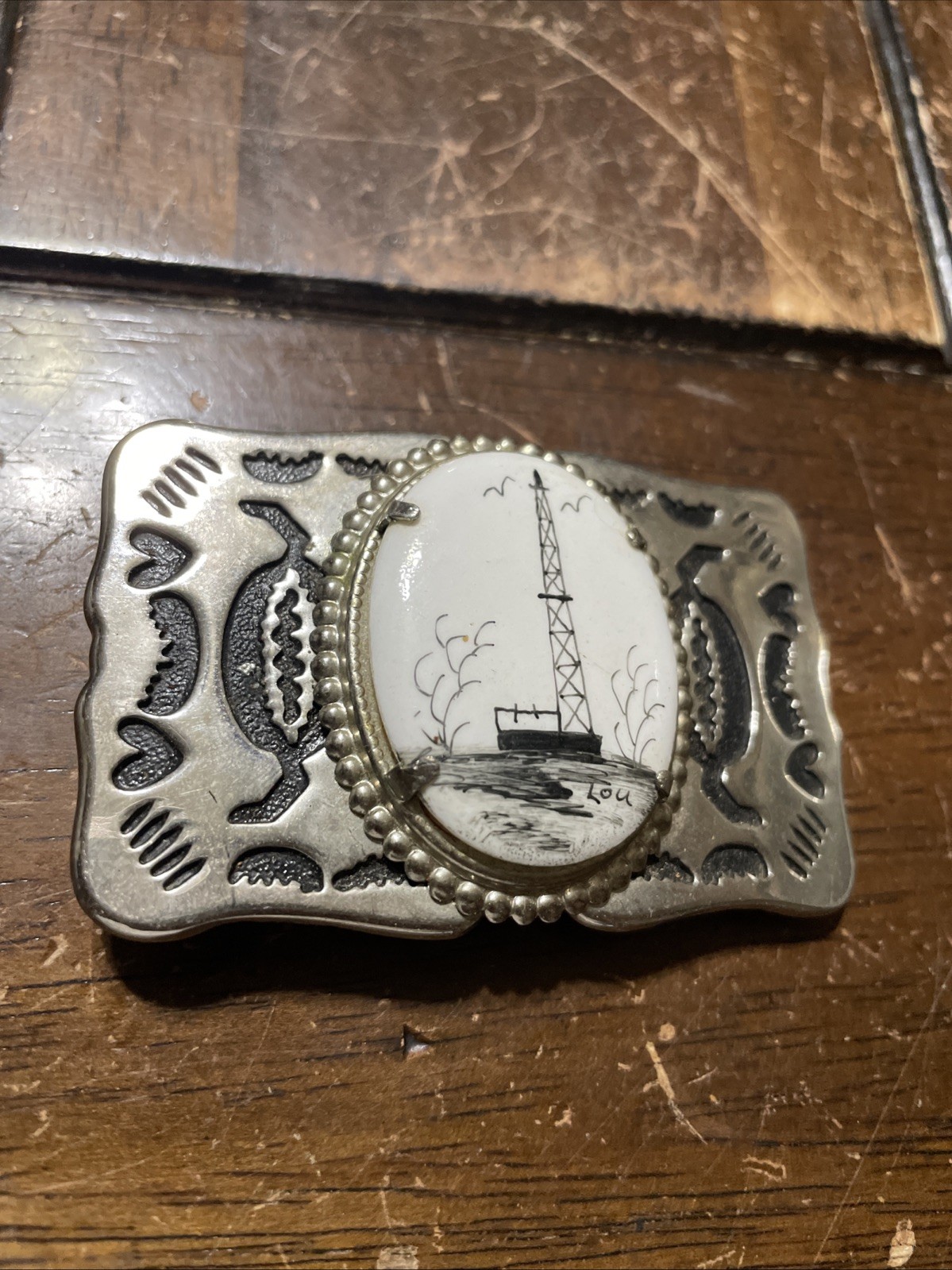 Western Scroll Belt Buckle Oil Derrick Art Mount Oilfield Cowboy Texas By LOU