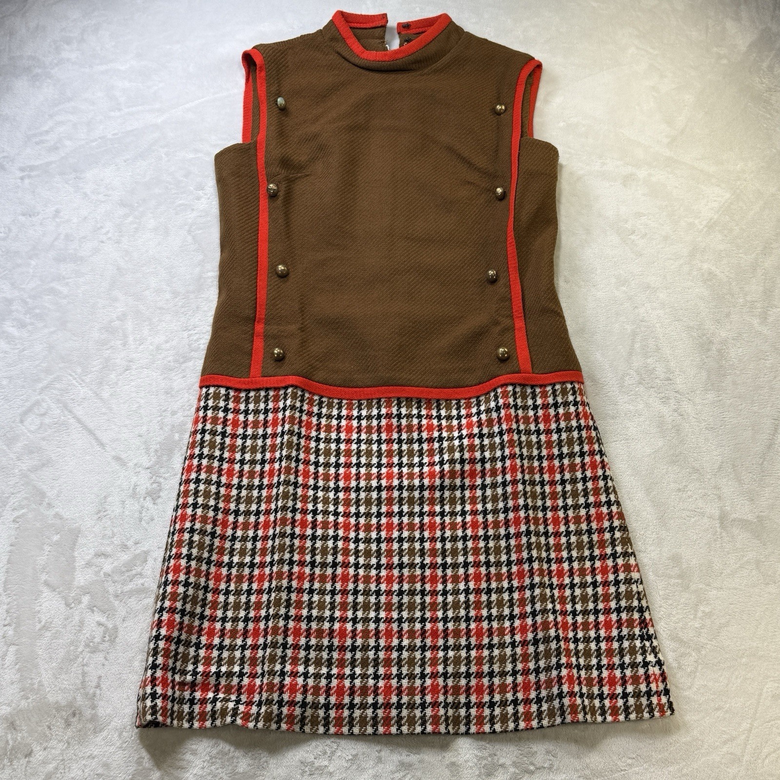 Vintage 70s Parfait Originals Mod Plaid Mini Dress Brown Red Sleeveless