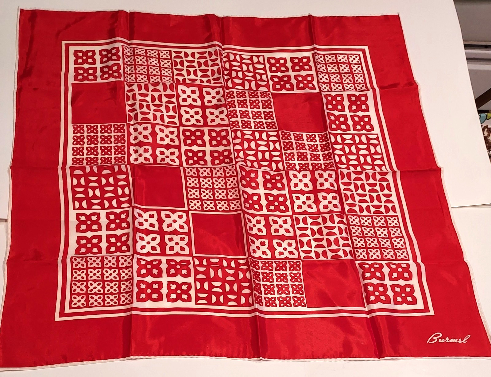 Vintage Burmel Red & White Geometric Print Scarf – Mid Century Mod – Signed