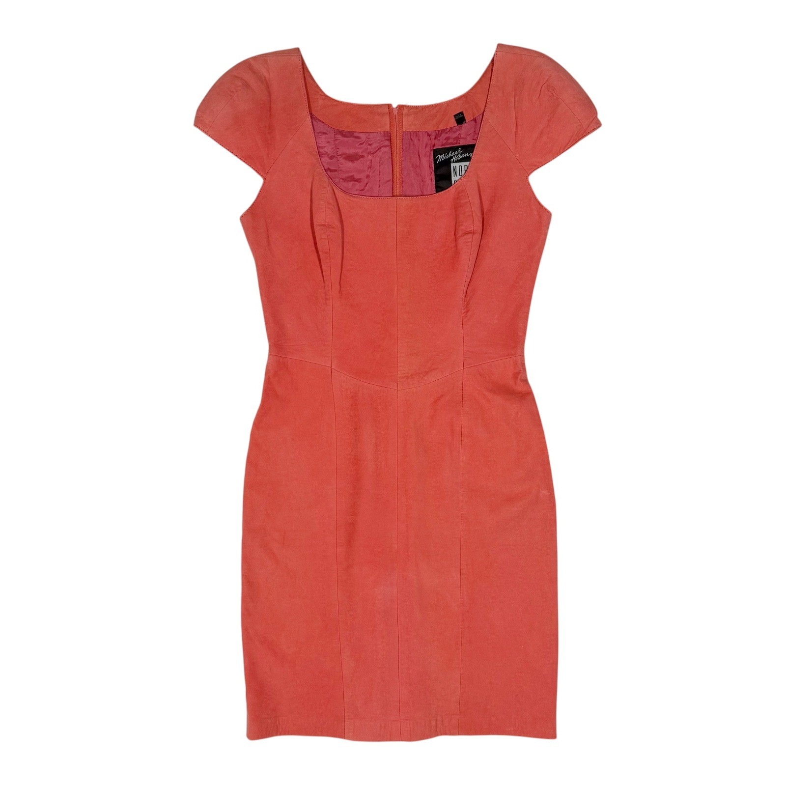 Michael Hoban North Beach Leather Mini Dress Flamingo Pink Vintage Cap Sleeve