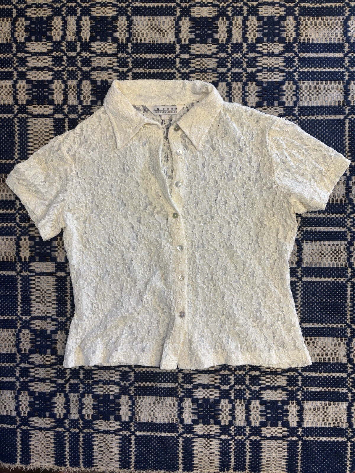 Vintage Uniform by John Paul Richard Women’s Size L Lacy Short Sleeve Button Up