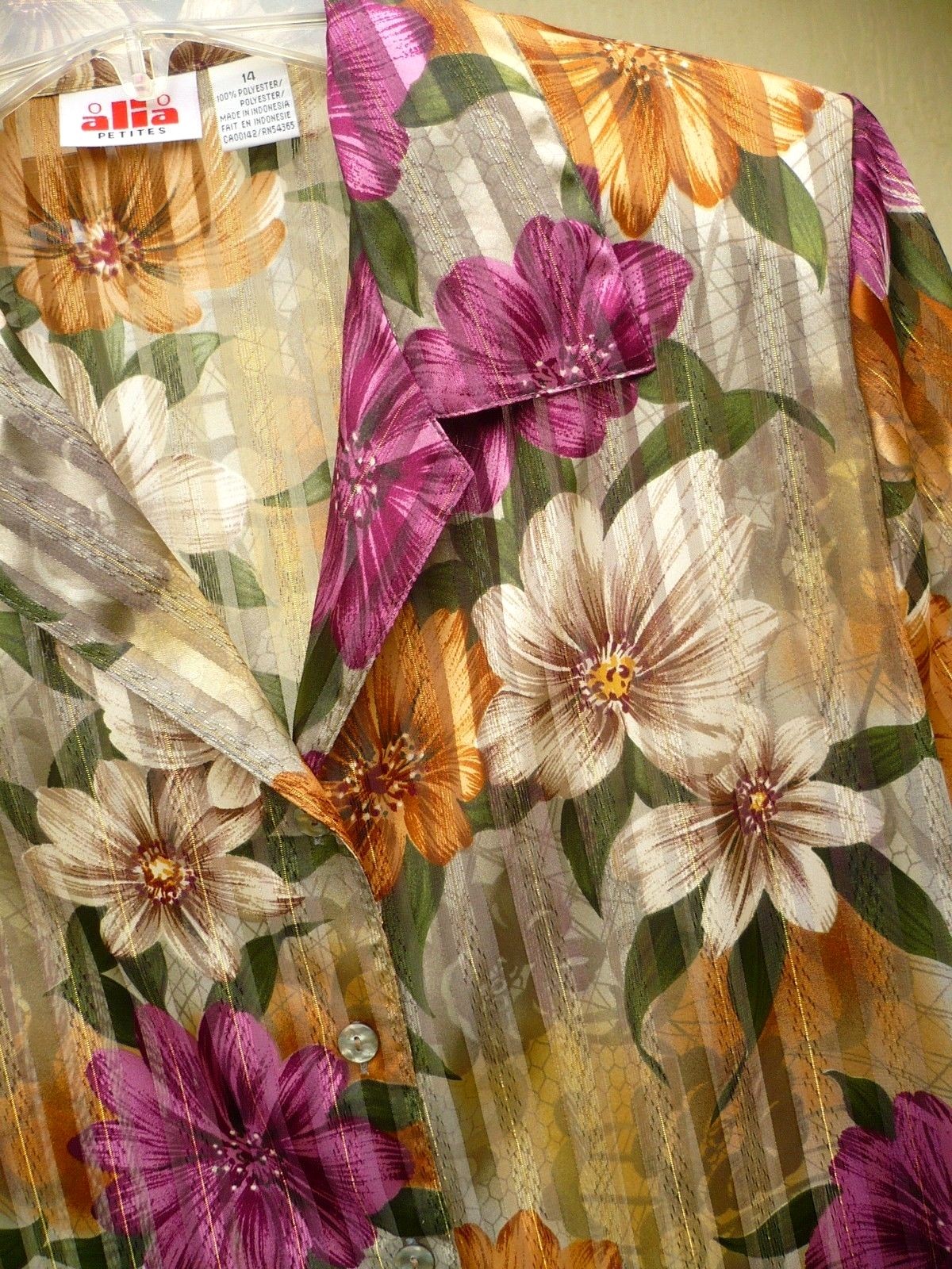VTG 80S METALLIC BRIGHT MULTI COLOR FLORAL SHEER SILVER STRIPED BLOUSE WOMEN L P