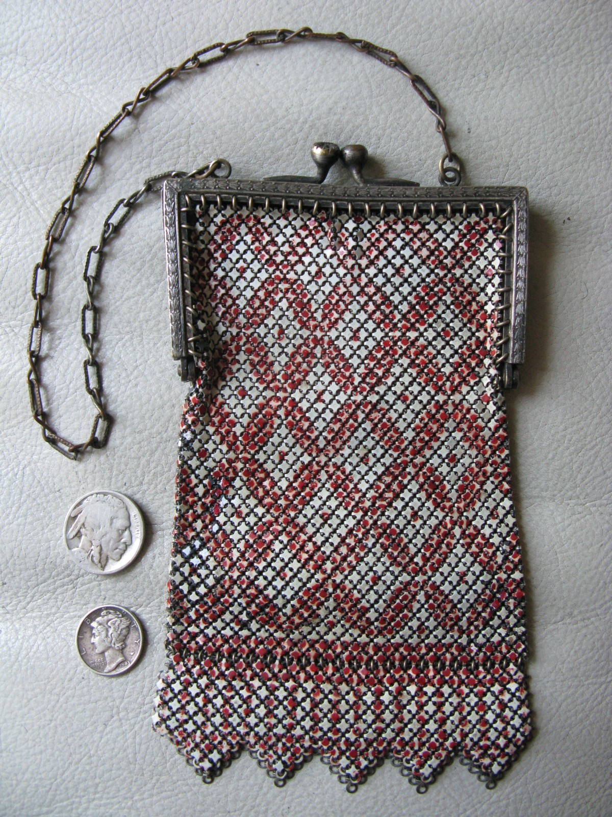 Antique Silver Frame Floral Clasp Red White Chain Mail Mesh Purse ELSAH