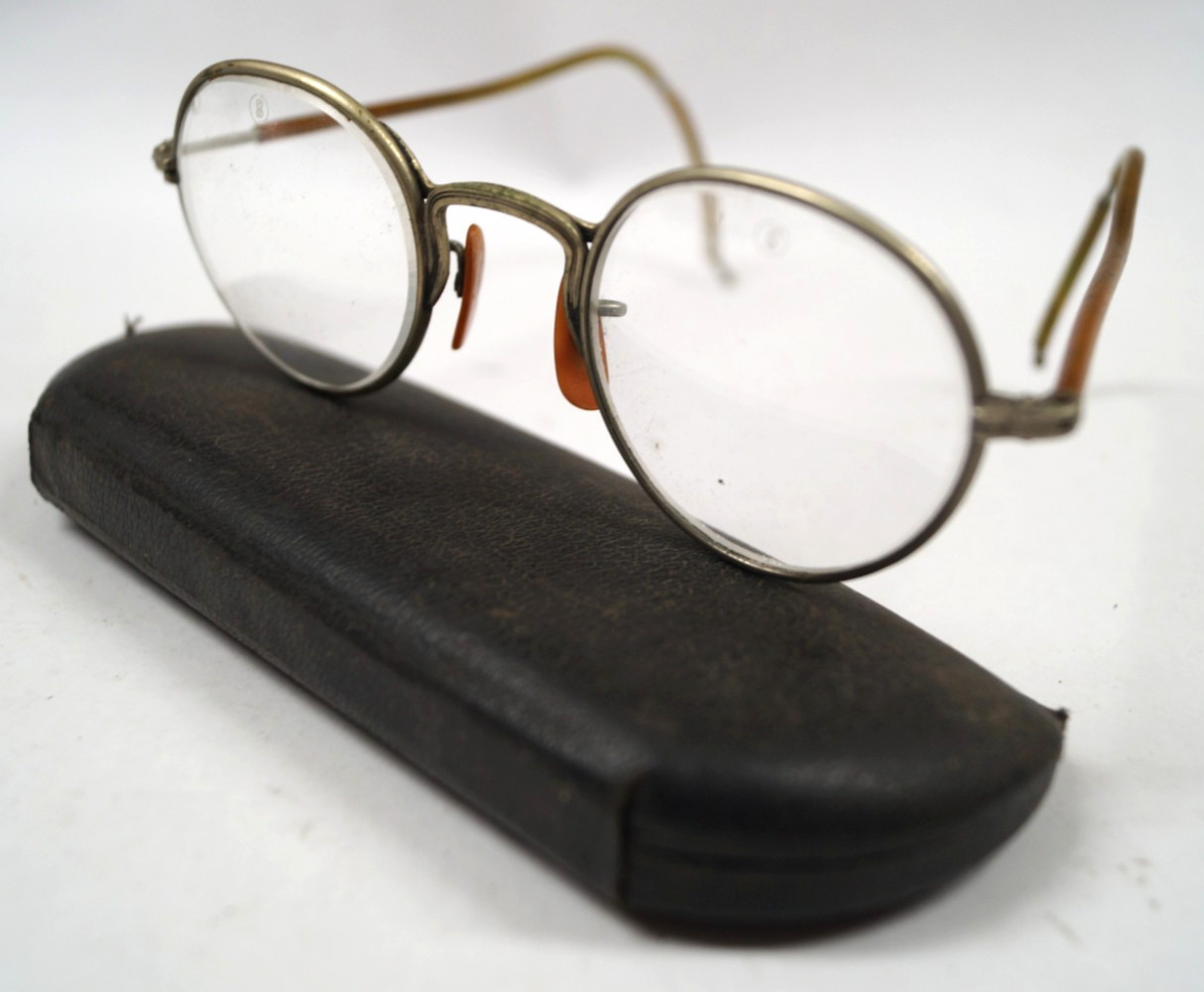American Optical AO23 AO Safety Glasses Silver Frame Case Vintage Antique D343