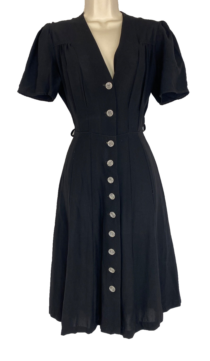 Vintage 1950s black rayon midi dress S button front short sleeve V neck 1940s