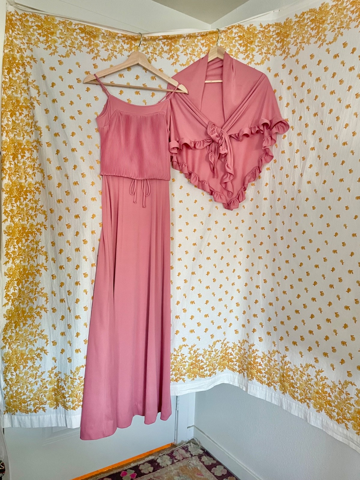 Vintage 70s Sears Dusty Rose Maxi Prom Dress Shawl Set Size 6 Formal