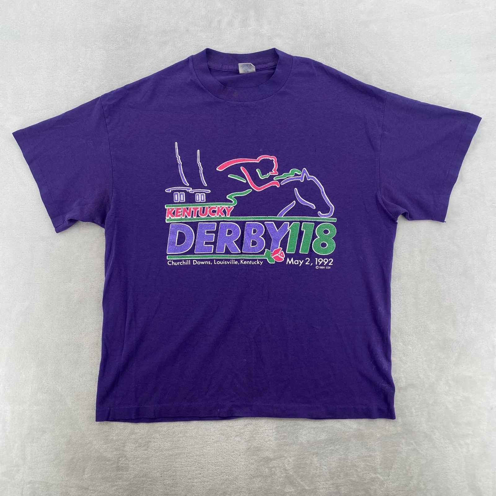 Trench Kentucky Derby 118 T-Shirt Mens XL Purple Vintage 1992 Distressed 90s USA