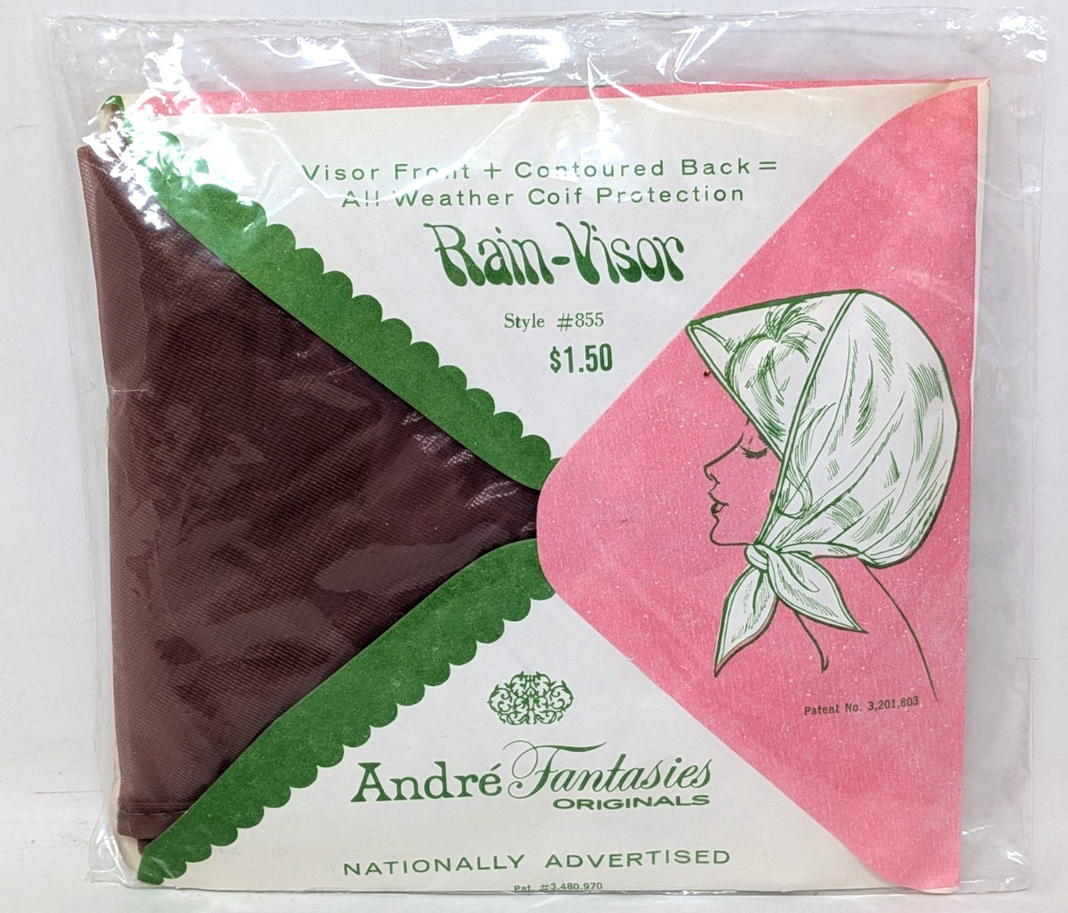 New Vintage Andre Fantasies Originals Rain Visor #855 Brown Coif Protector USA