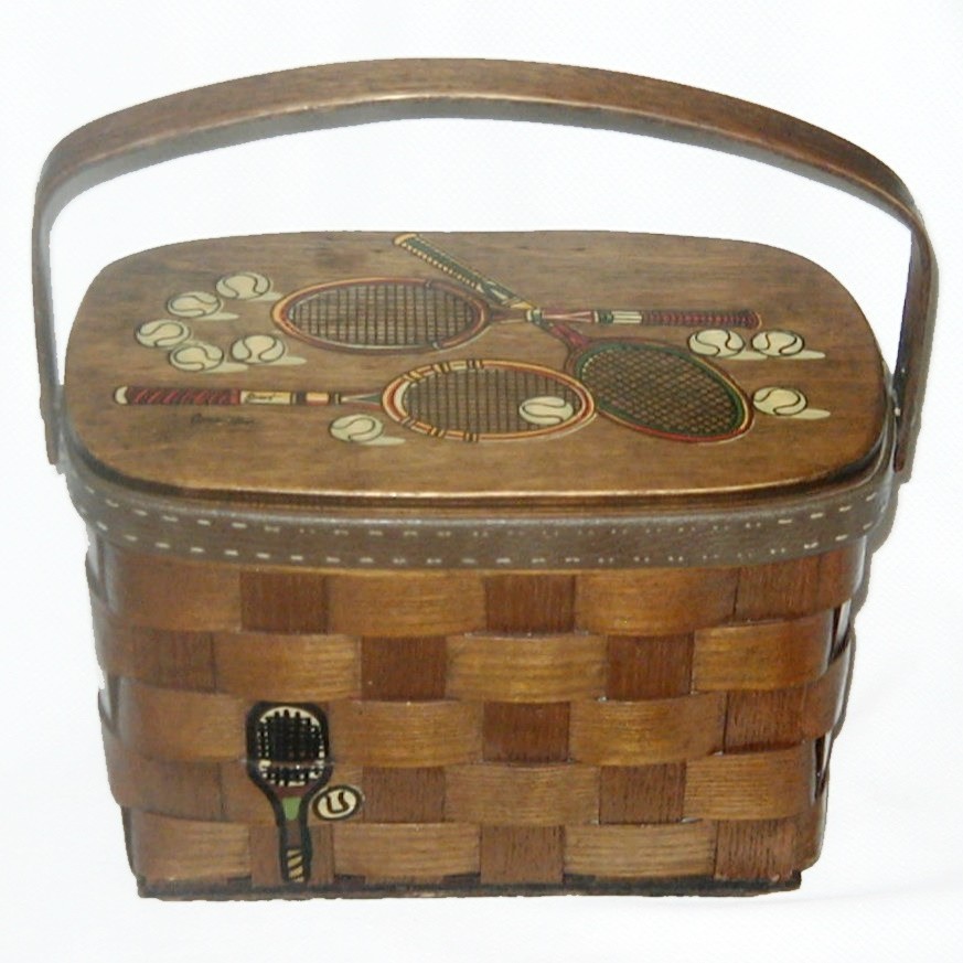 Vintage 1960s CARO NAN Basket Purse TENNIS Theme Signed Hand Painted Nice PREPPY
