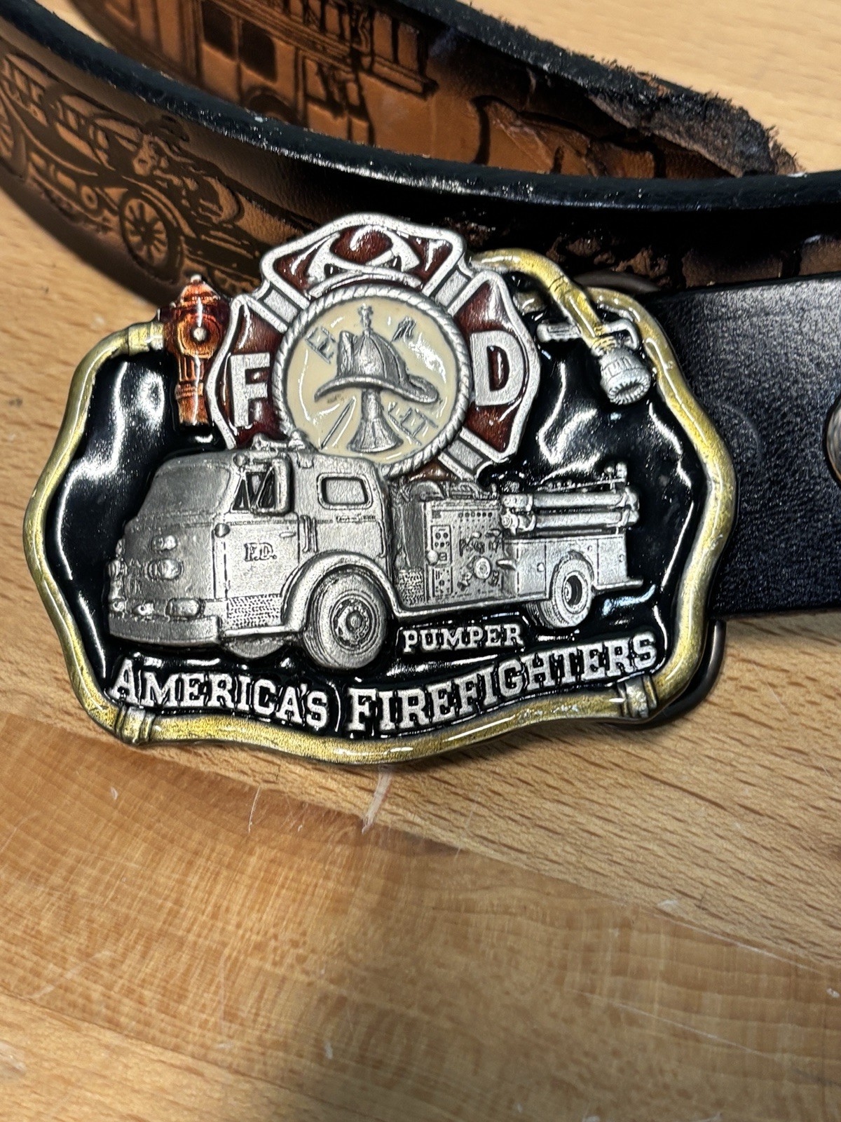 Vintage 1985 C&J America’s Firefighters Belt Buckle Enameled Leather Embossed