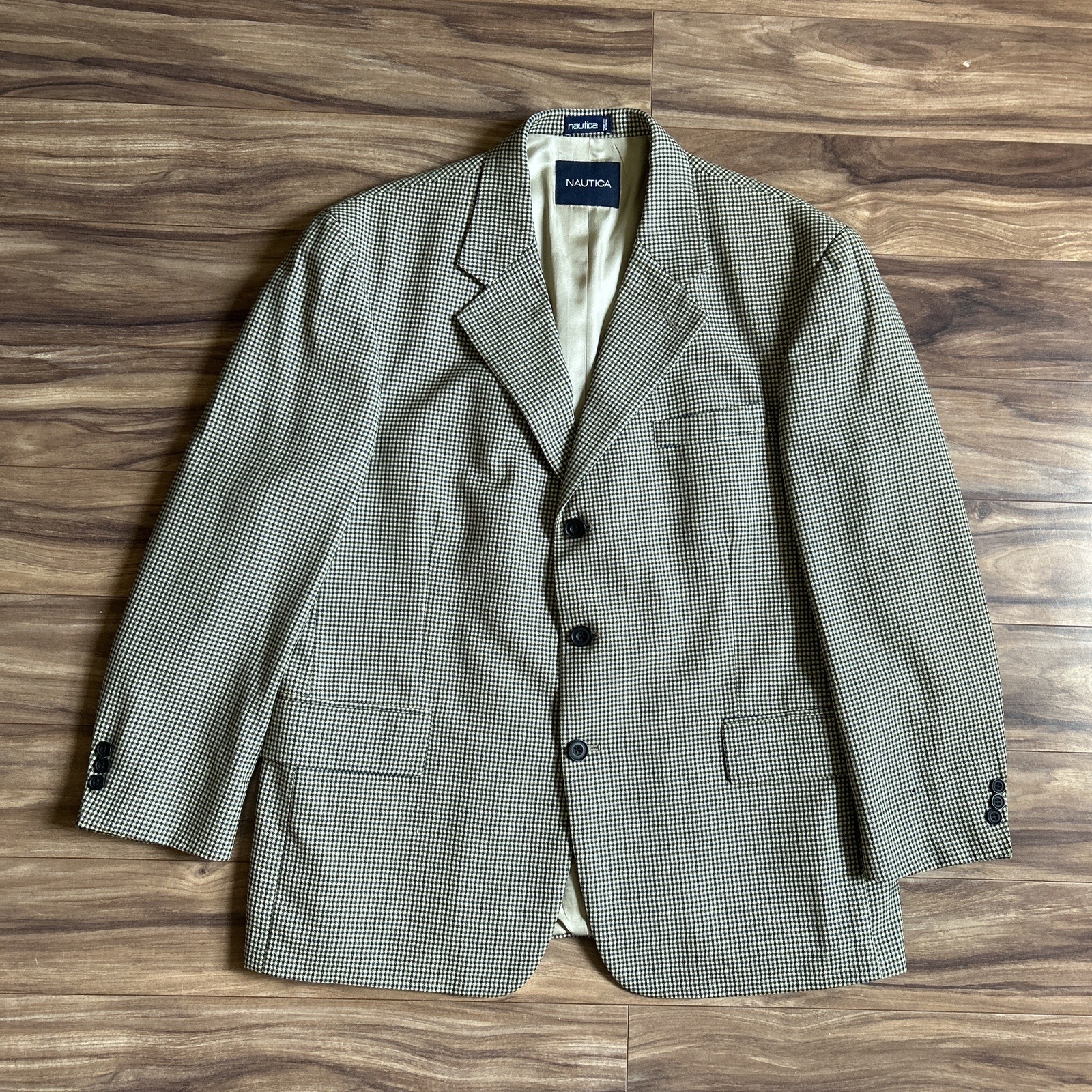 Nautica Mens Blazer 44 S Tan Houndstooth 100% Wool Lined Professor