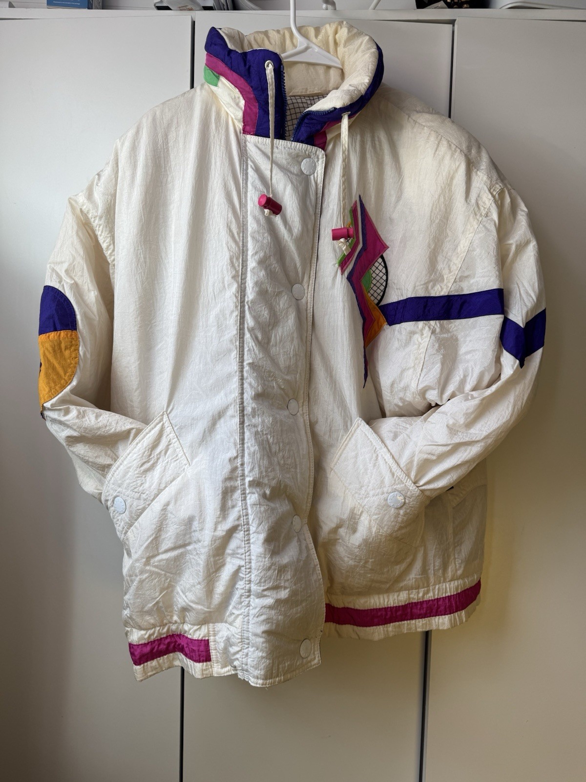 Izzi Vintage Colorblock Nylon Jacket White Purple Pink Yellow Green Large 80’s