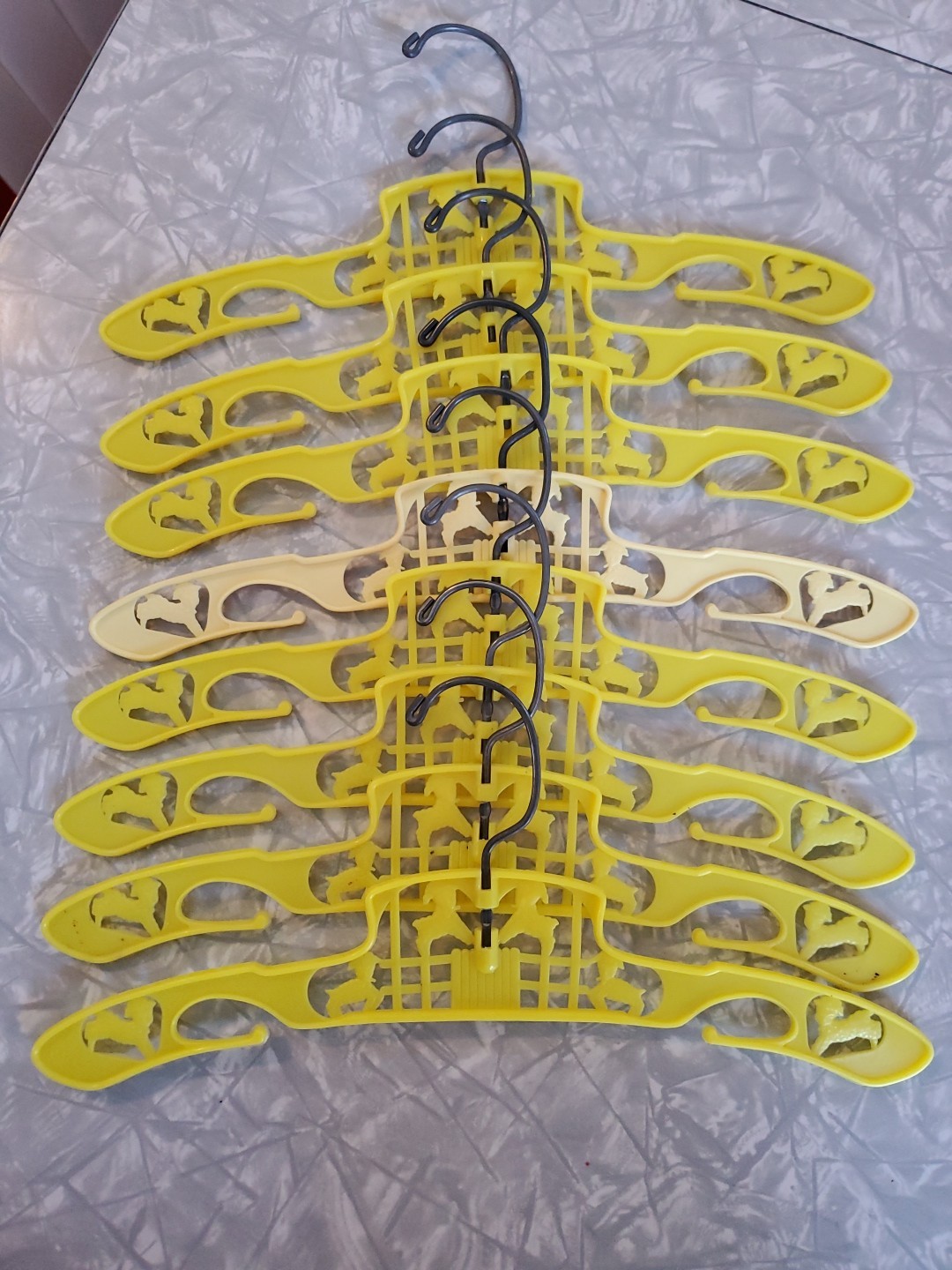 8 Vintage Plastic Nursery Baby Clothes Hangers Yellow Lamb And Fence Swivel