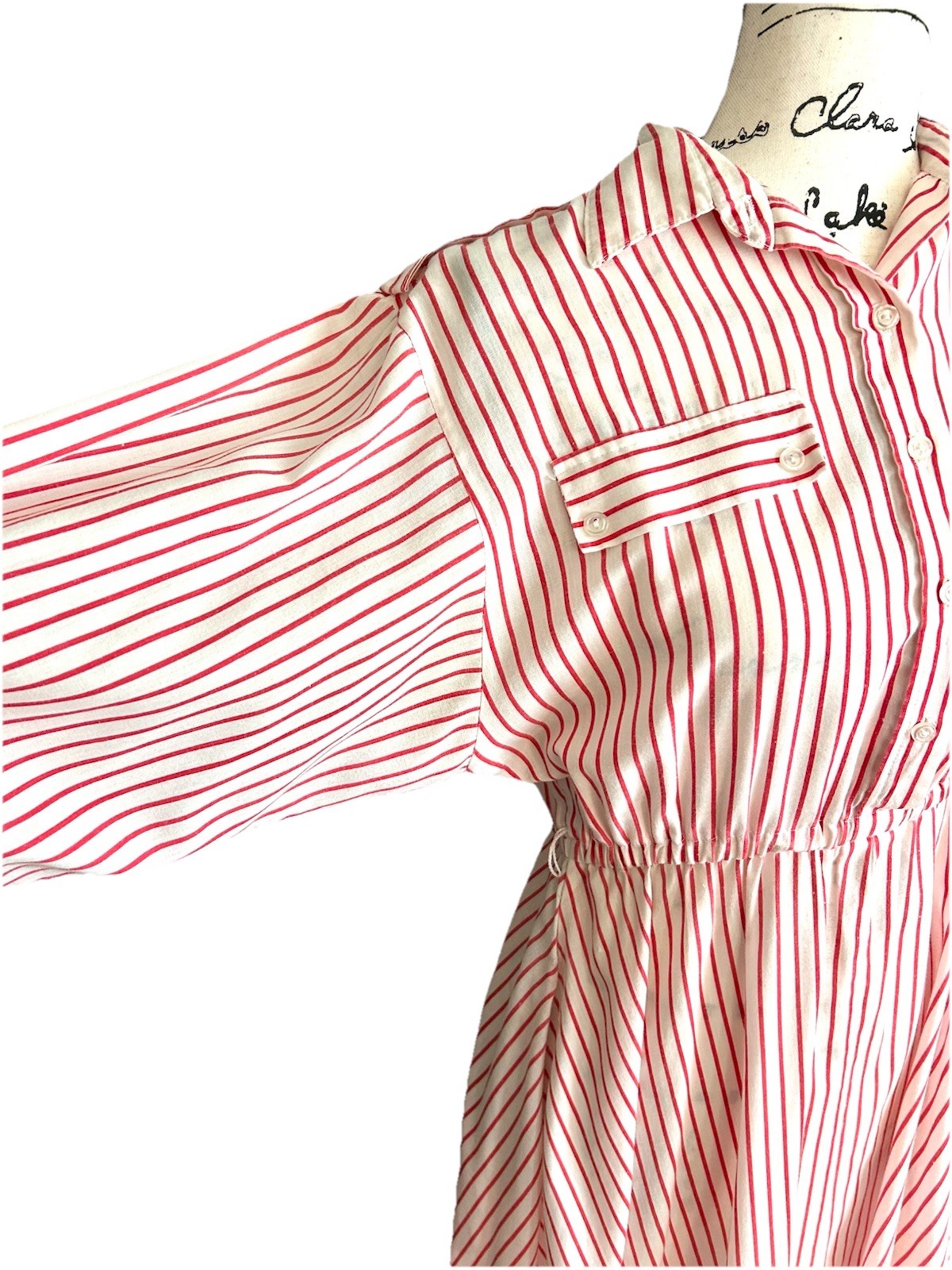 Vintage 1980s Ifi red and white candy stripe shirt dress Dolman Sleeves &Pockets