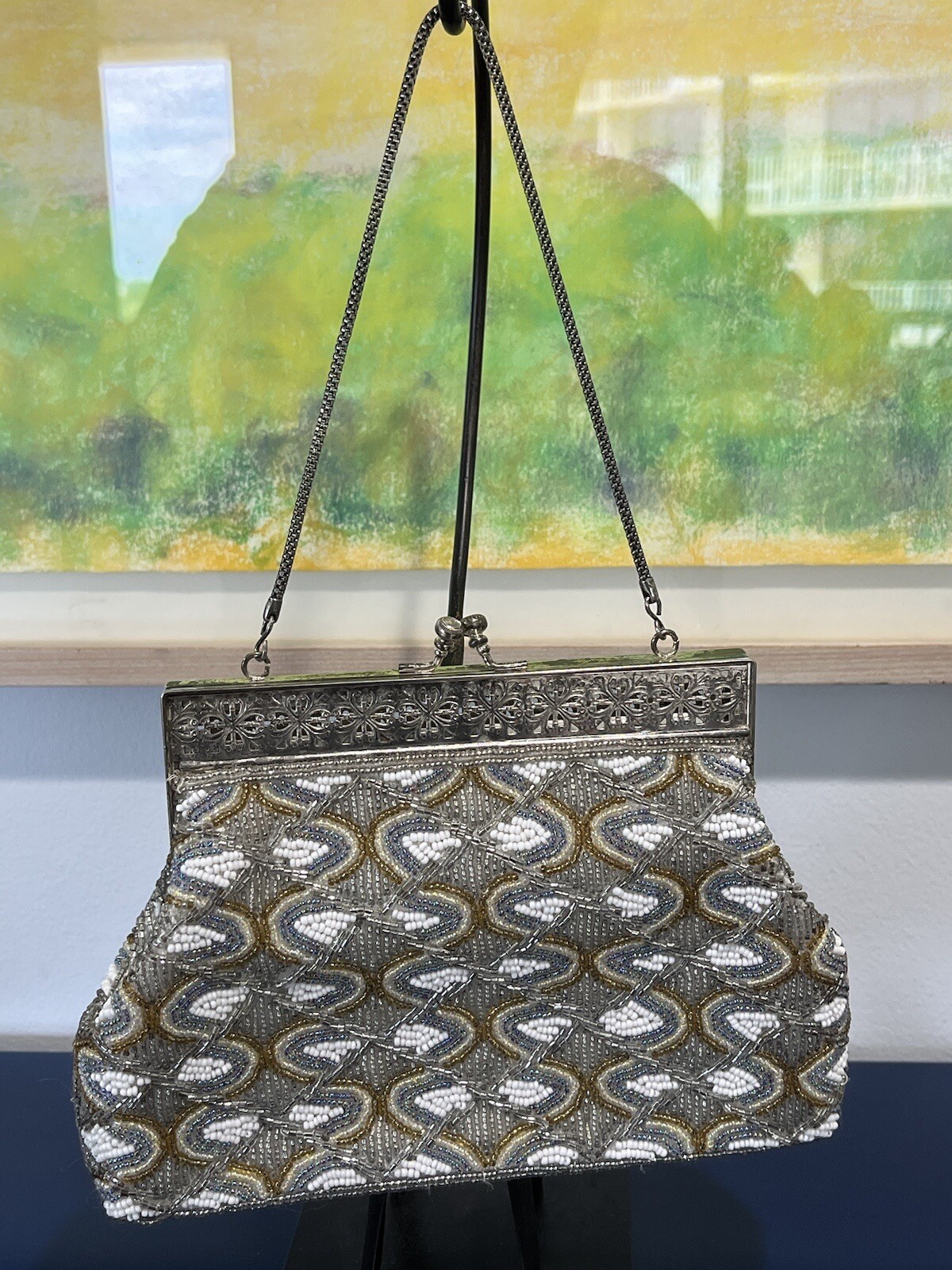 Silver Beaded Purse Evening Bag Clutch White Blue Gold Kiss Lock Vtg 70s 80s