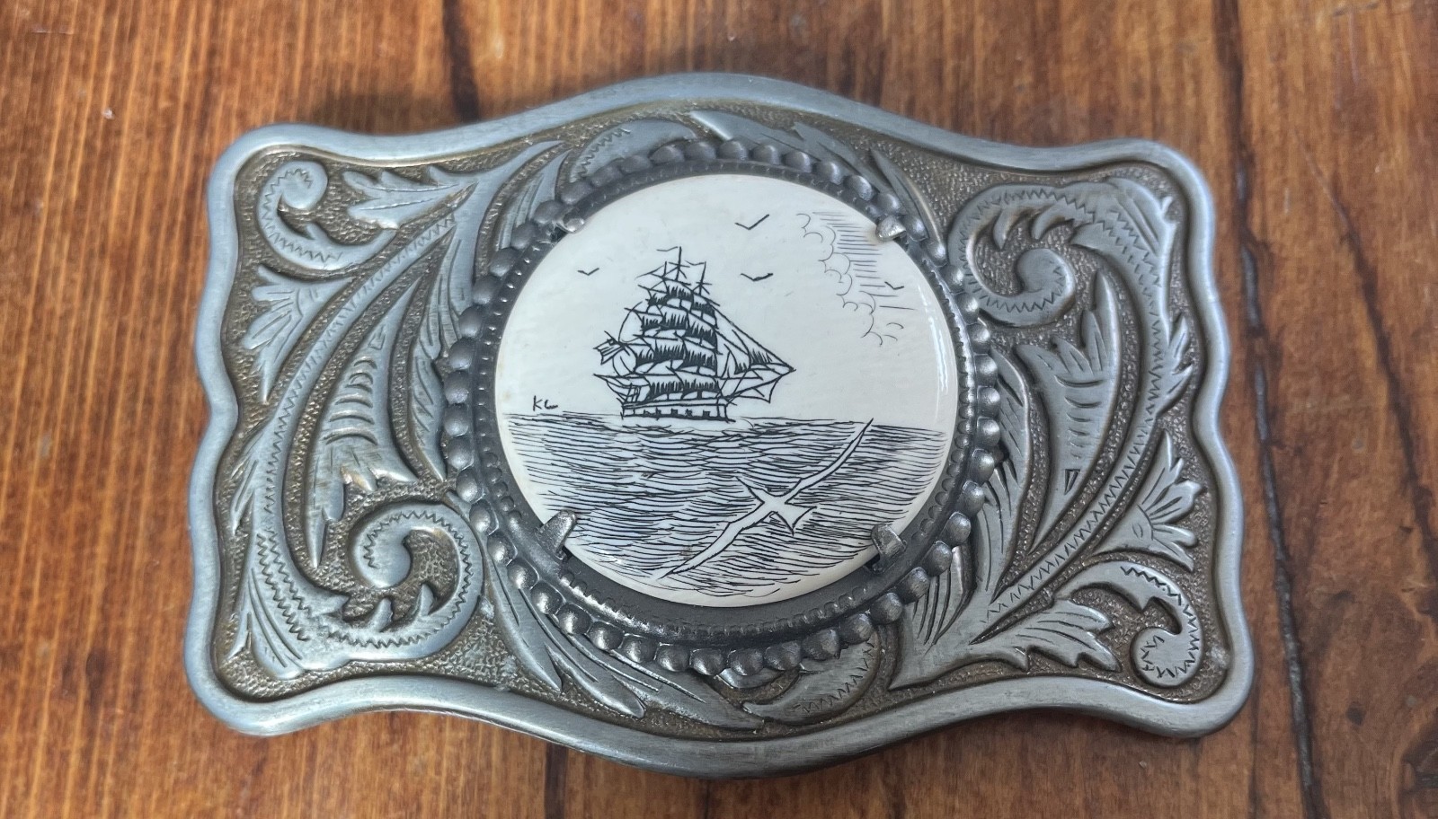 VTG Sailing Ship Schooner Nautical Boat Ornate Scrimshaw Art Belt Buckle
