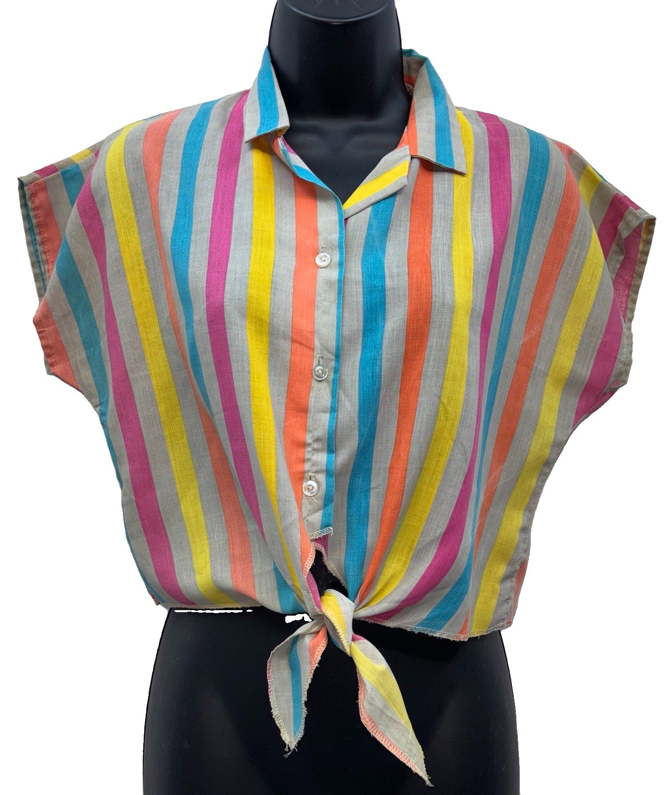 VTG Queen of Hearts Women Size S-Button Up Tie Front Crop Top Multicolor Stripes