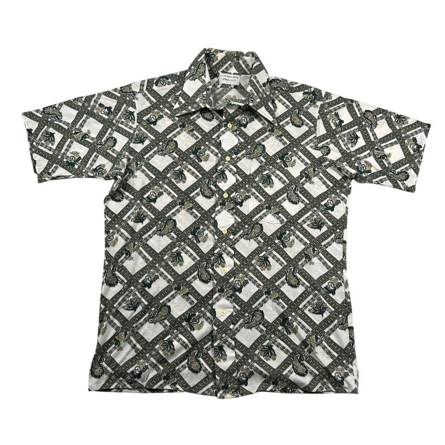 Vintage Van Heusen Shirt Mens Large Green Paisley Disco Geometric Knit 1970s