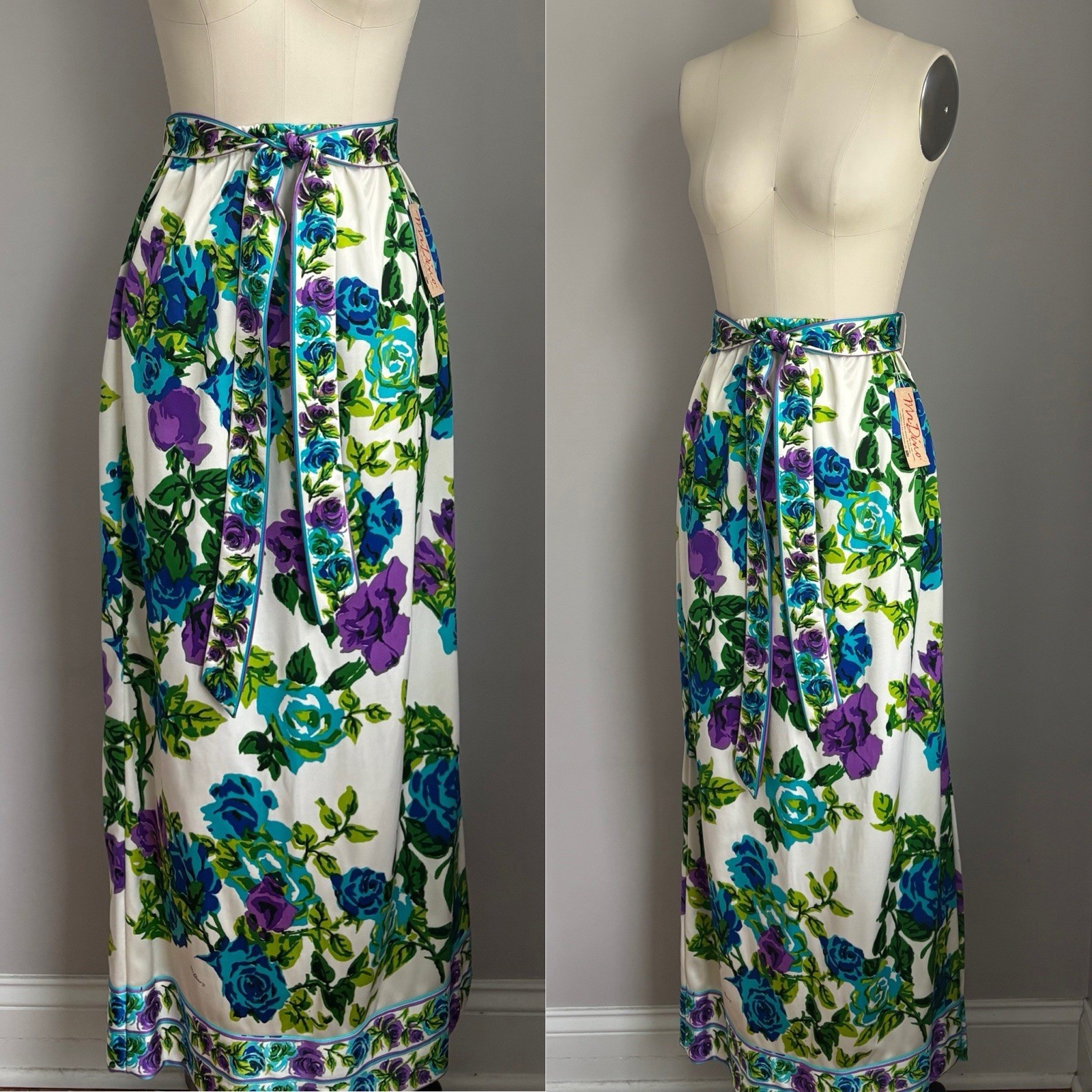 Vintage 1970’s NOS Deadstock Mr. Dino Rose Print Maxi Dress Skirt XS to M w/ tag
