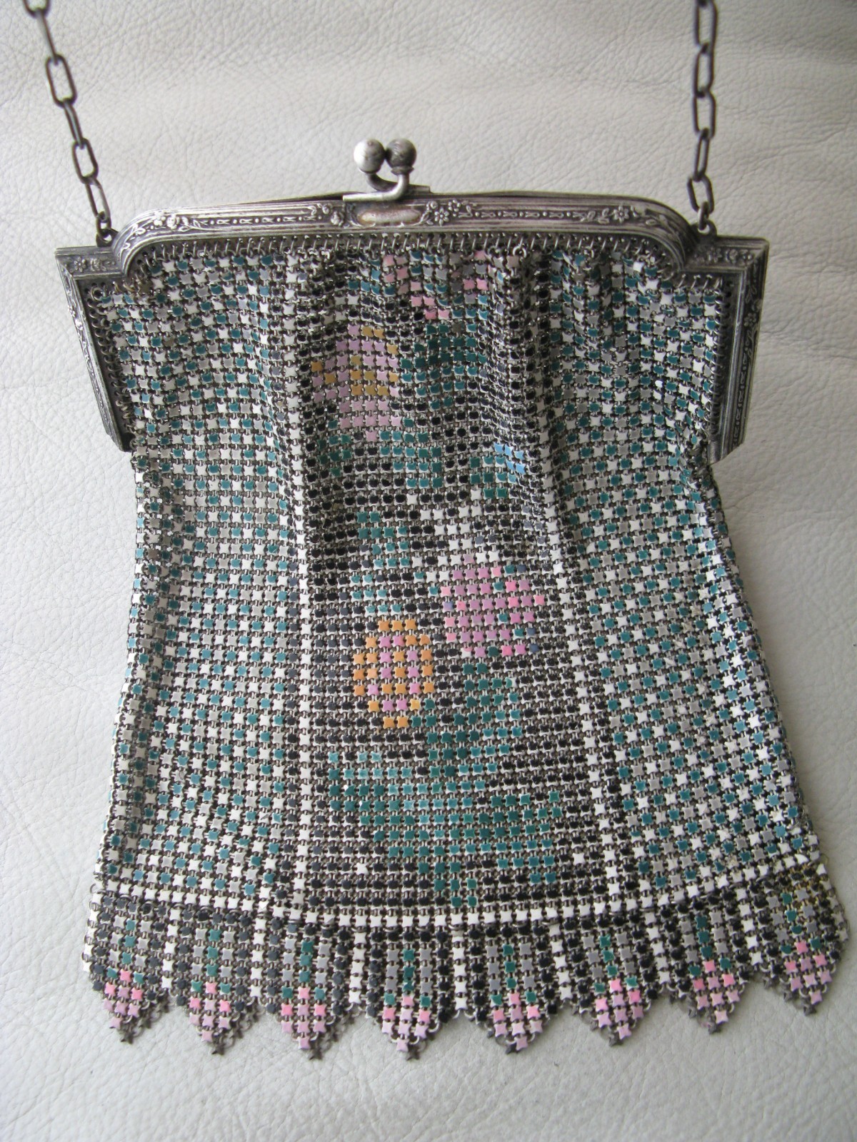 Antique Silver Frame Black Pink Orange Green Floral Enamel Chain Mail Mesh Purse