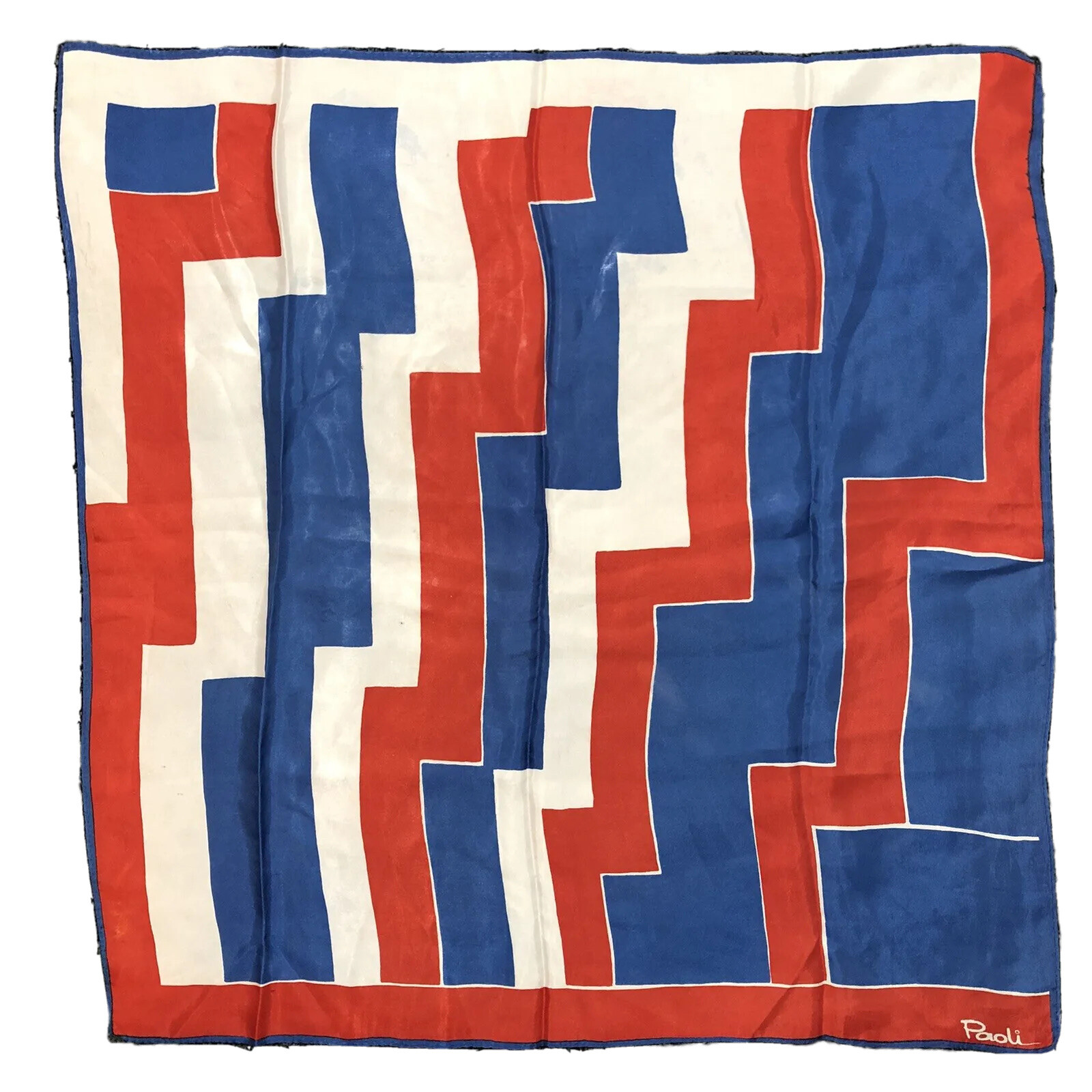 Vintage Gino Paoli 1960’s Scarf Red Blue White Colors Geometric Vibrant