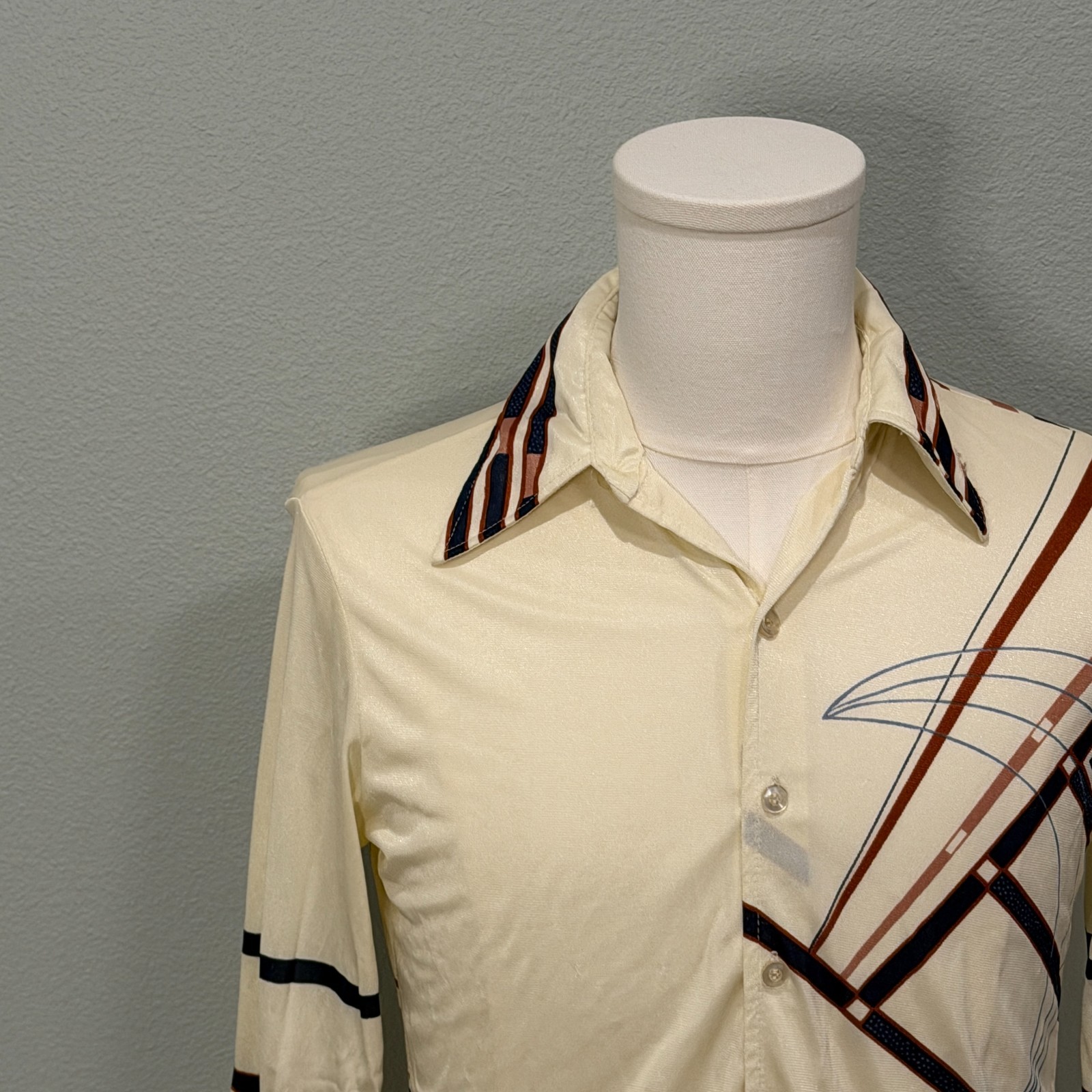 VTG 70s Hutspan Tan Black Geometric Shape Big Collar Disco Bowling Shirt, Nylon