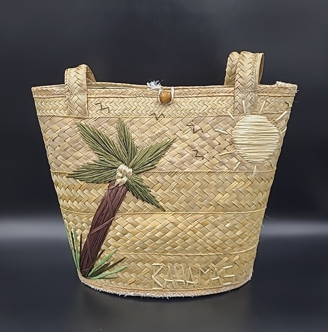 Vintage Bahamas Woven Straw Tote Bag, Palm Tree Design, Lined