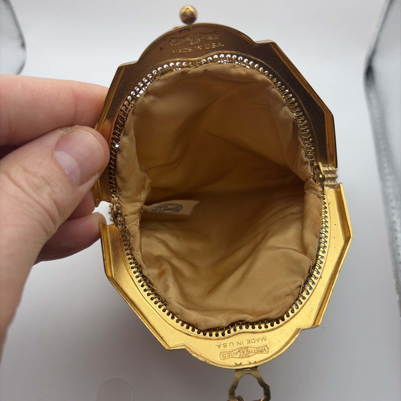 Vintage Whiting & Davis Co. Mesh Gold 5in X 5in Makeup Bag Chain + Box