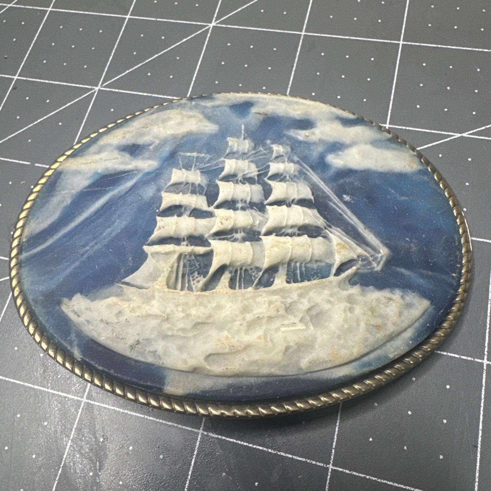 Sailing Ship Belt Buckle Blue White Incolay Stone Vtg 80s Incolay Studios.