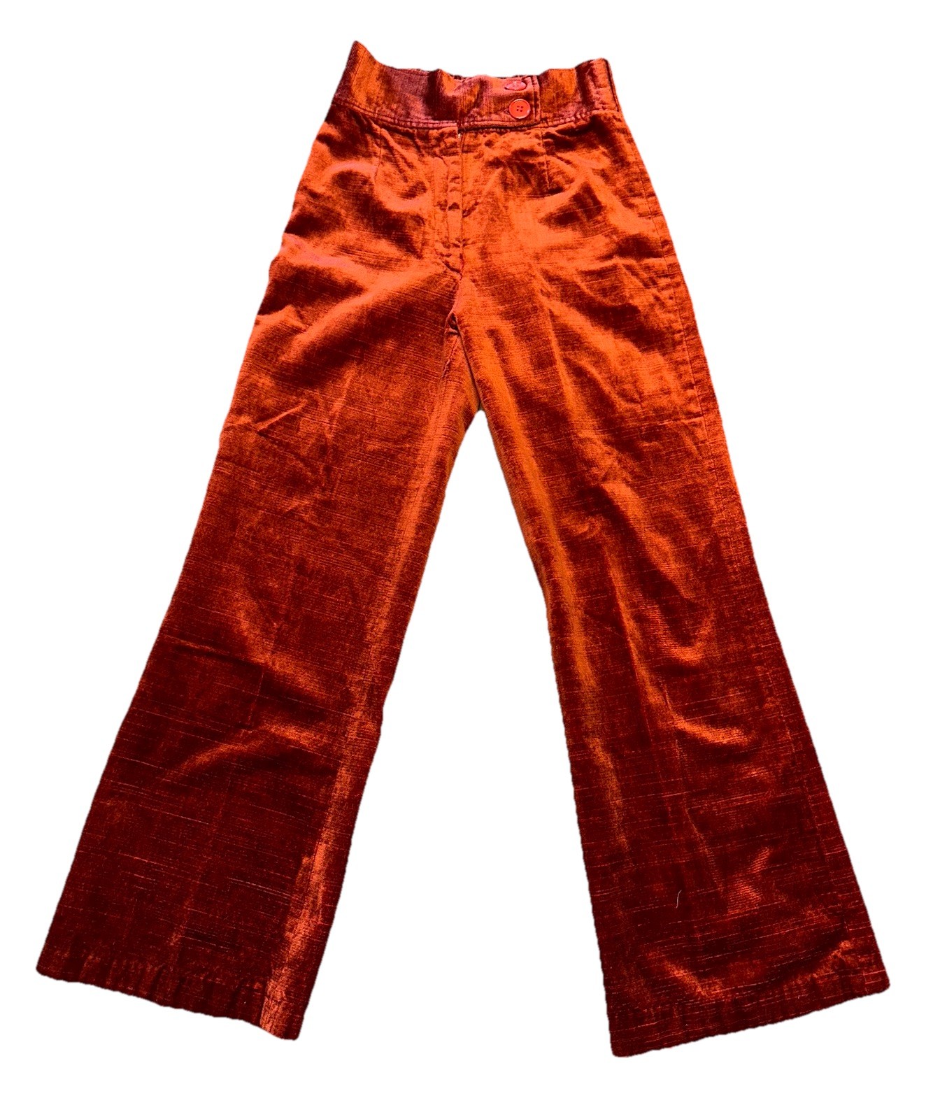 VTG Women’s 70s Burnt Orange Bell Bottom Pants 26×31 1970s Velvet Velour