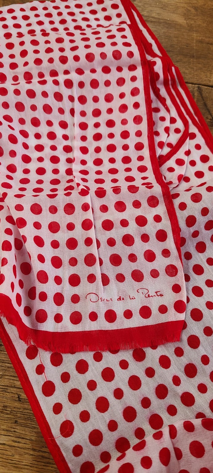 Vintage OSCAR DE LA RENTA Red Polk Dot Cotton Scarf Accessory Street 7 X 77