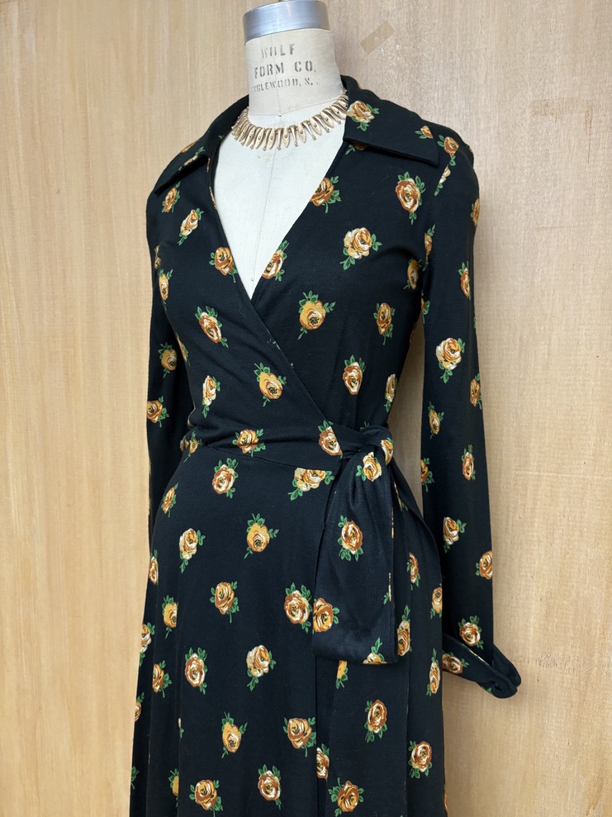 Vintage 1970s Diane Von Furstenberg DVF Black Floral Jersey Wrap Dress S