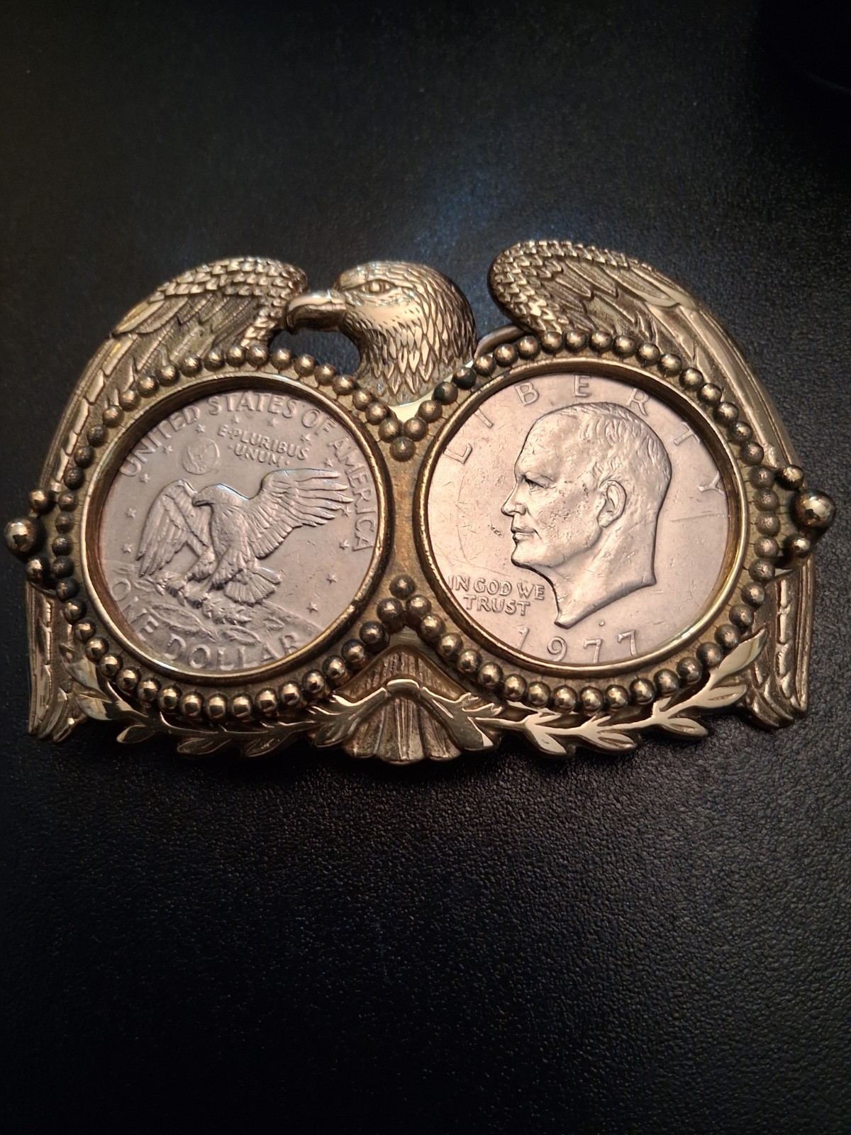 Belt Buckle 2 Liberty EISENHOWER 1977 DOLLARS COINS EAGLE Solid Brass 1980 VTG.