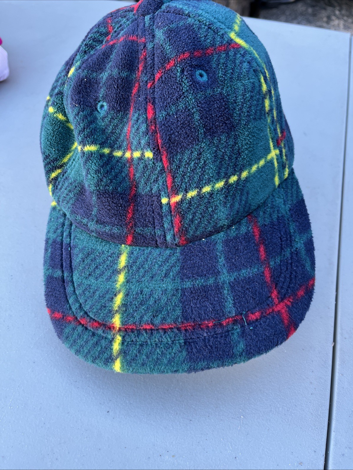 Vtg London Fog Fleece Cap All Over Plaid Hike Outdoor Ski Winter Baseball Hat