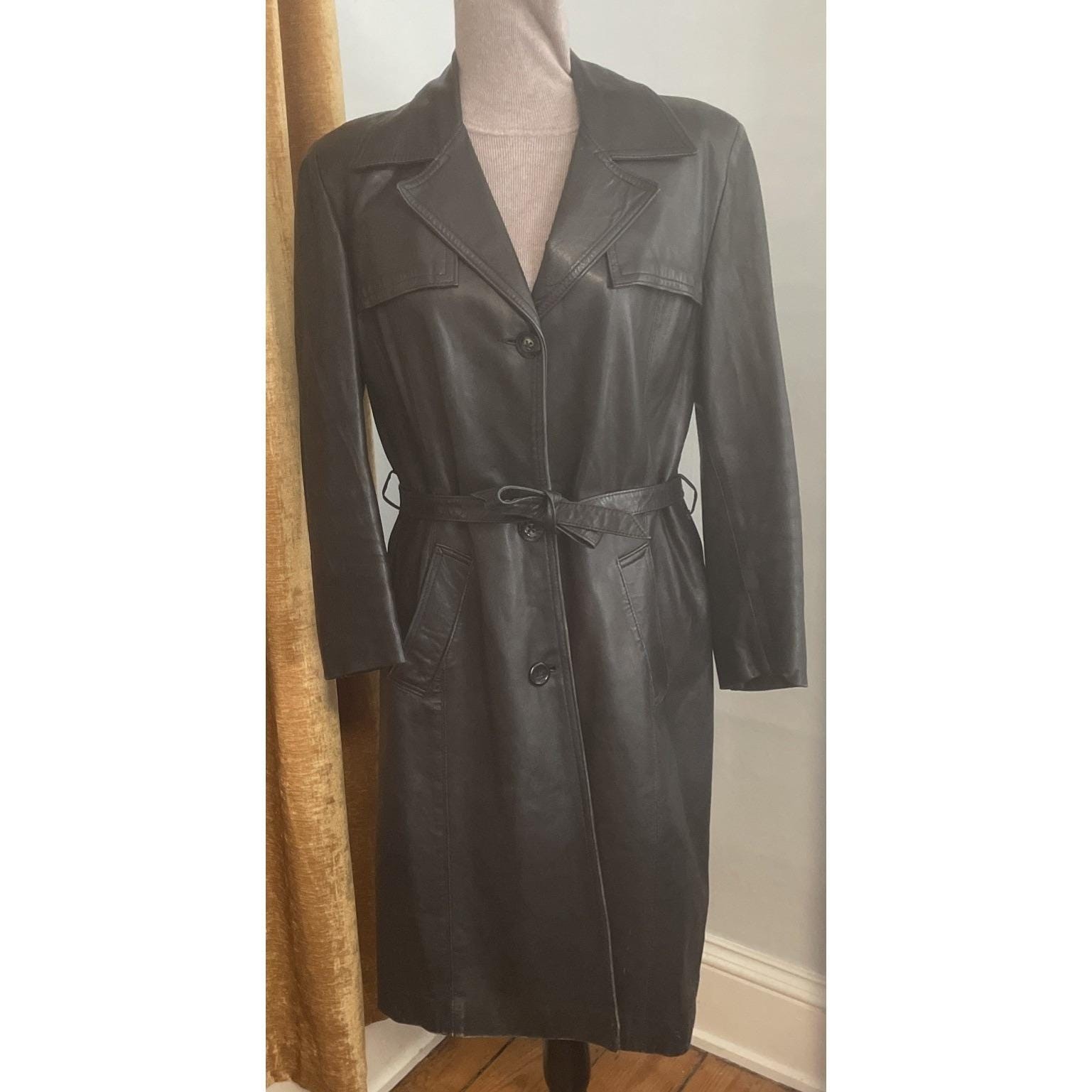 Vintage Y2k Women’s Black Leather Trench Coat Belted Size Large Soft Supple