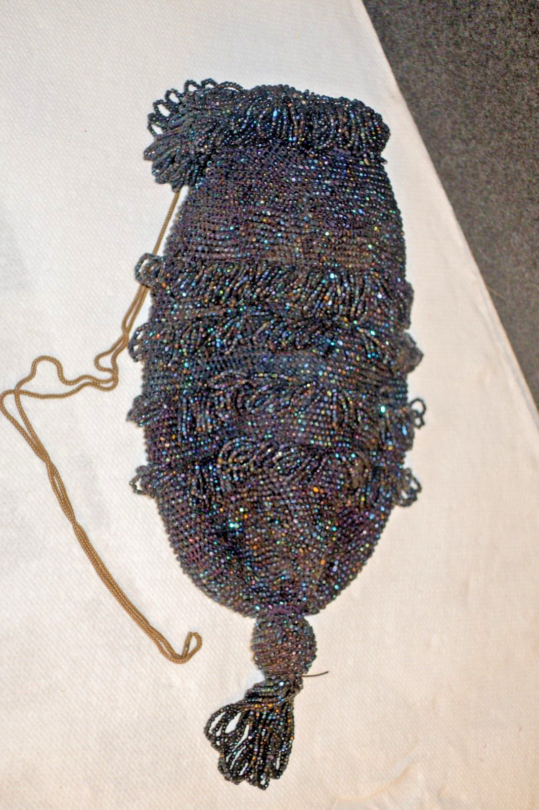 Antique Vtg Black Beaded Purse Victorian Evening Bag Fringe Lined Flapper Deco