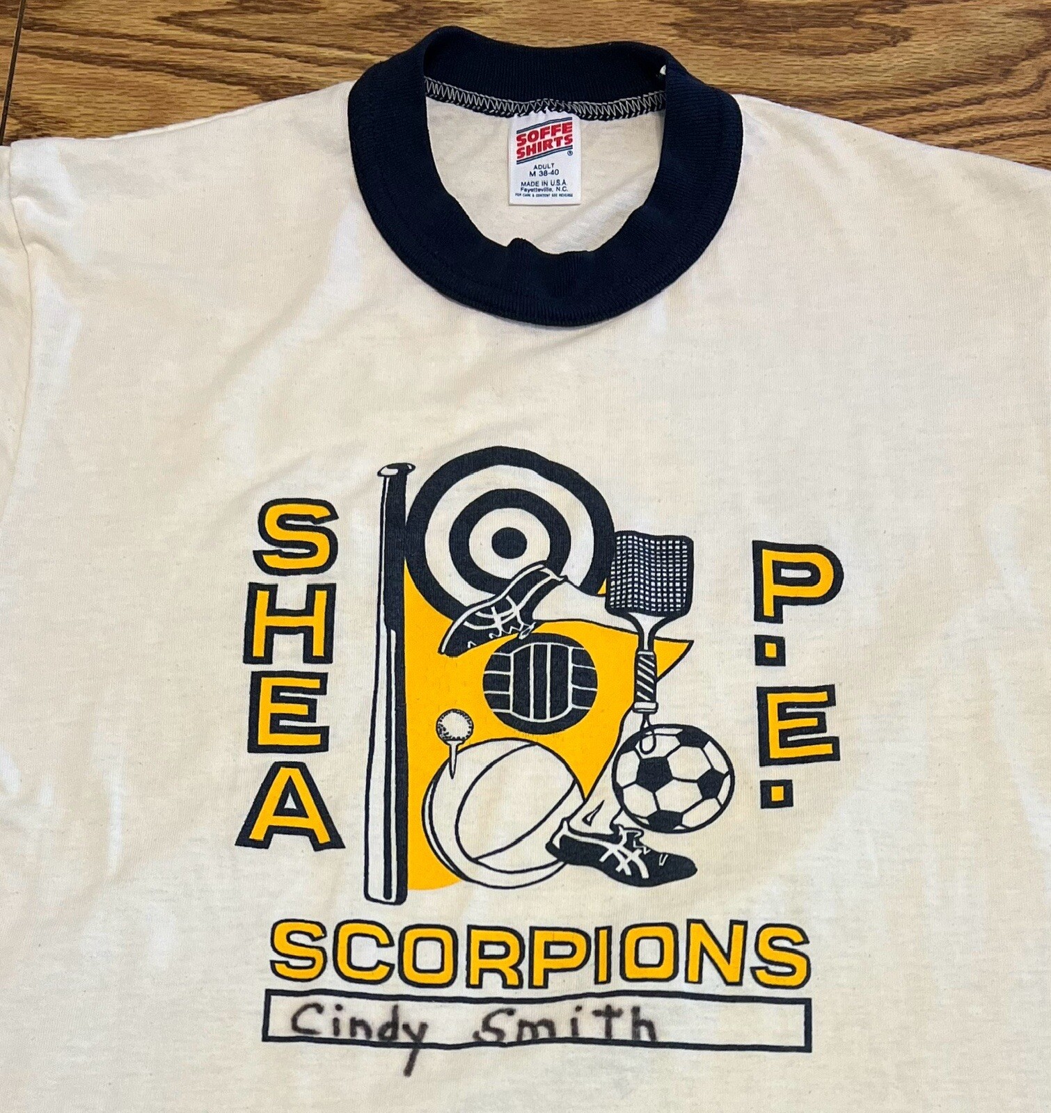VTG Ringer T Shirt White Blue “Shea Scorpions” 50/50 Blend Adult M