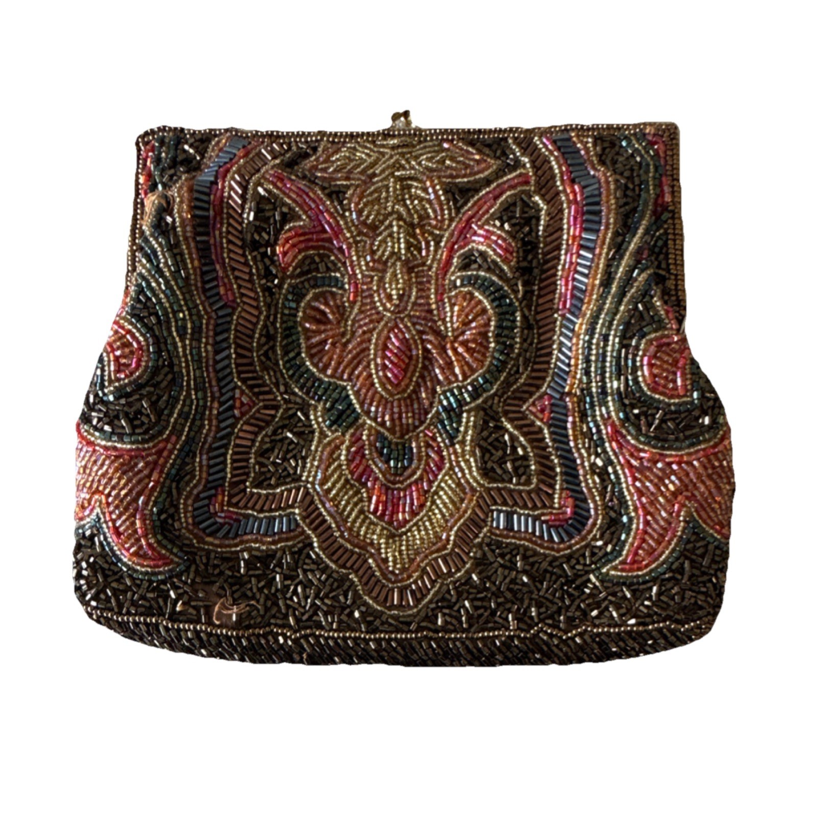 Art Deco Beaded Clutch Purse Satin Lining Brown Gold Red Blue Evening Cocktail