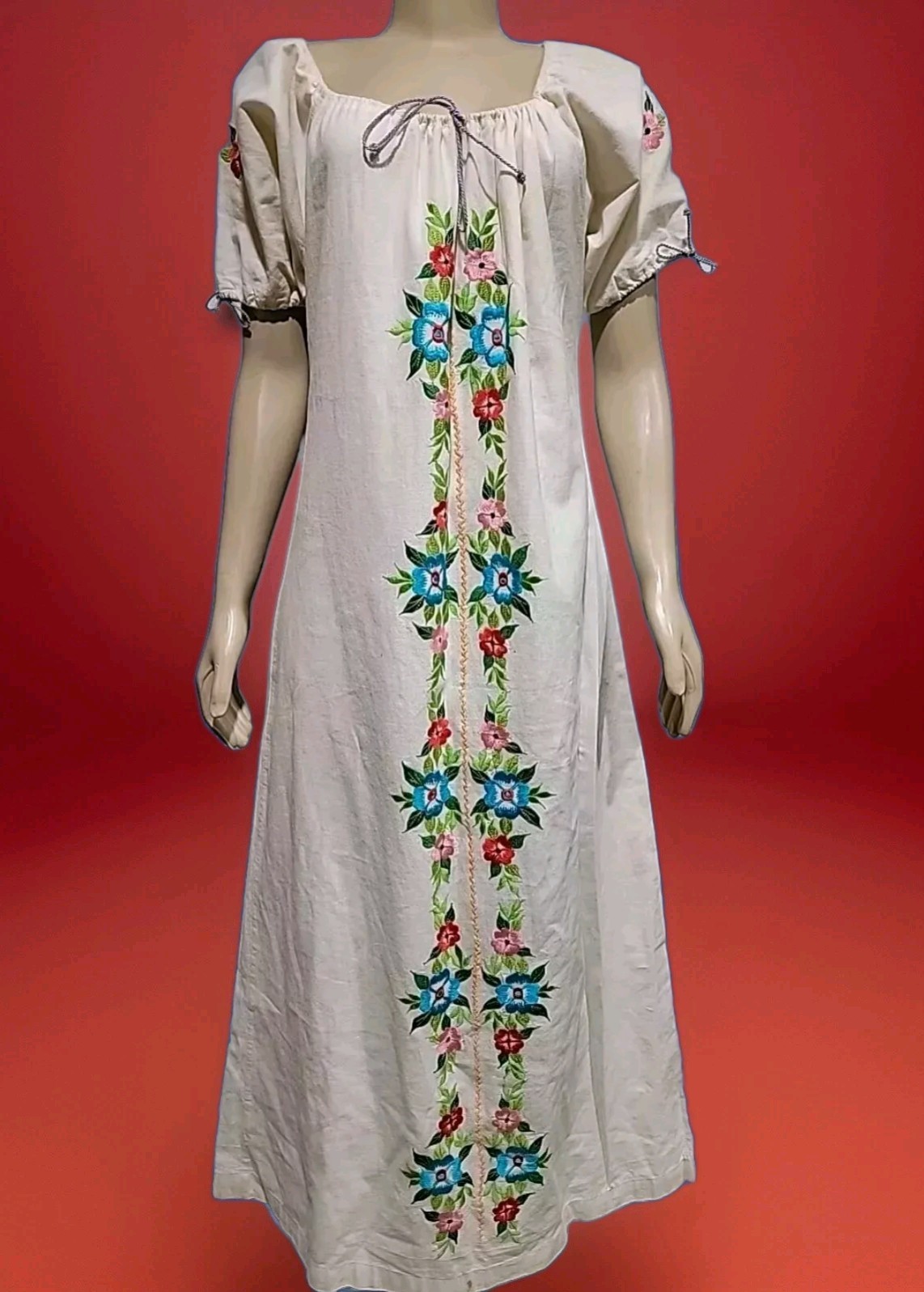 Artsy Embroidered Hand Made Beige Floral Sz G/L Women’s Tunic Dress #W3