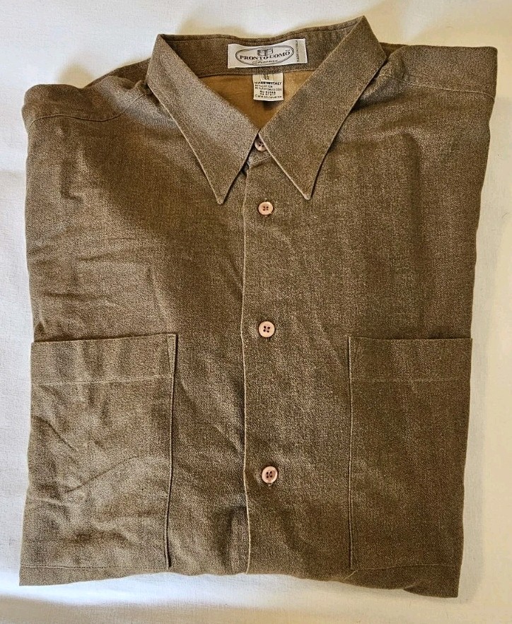 Vtg 90s Pronto Uomo Italian Made Button Up Shirt Mens Size XL Brown Cotton Rayon