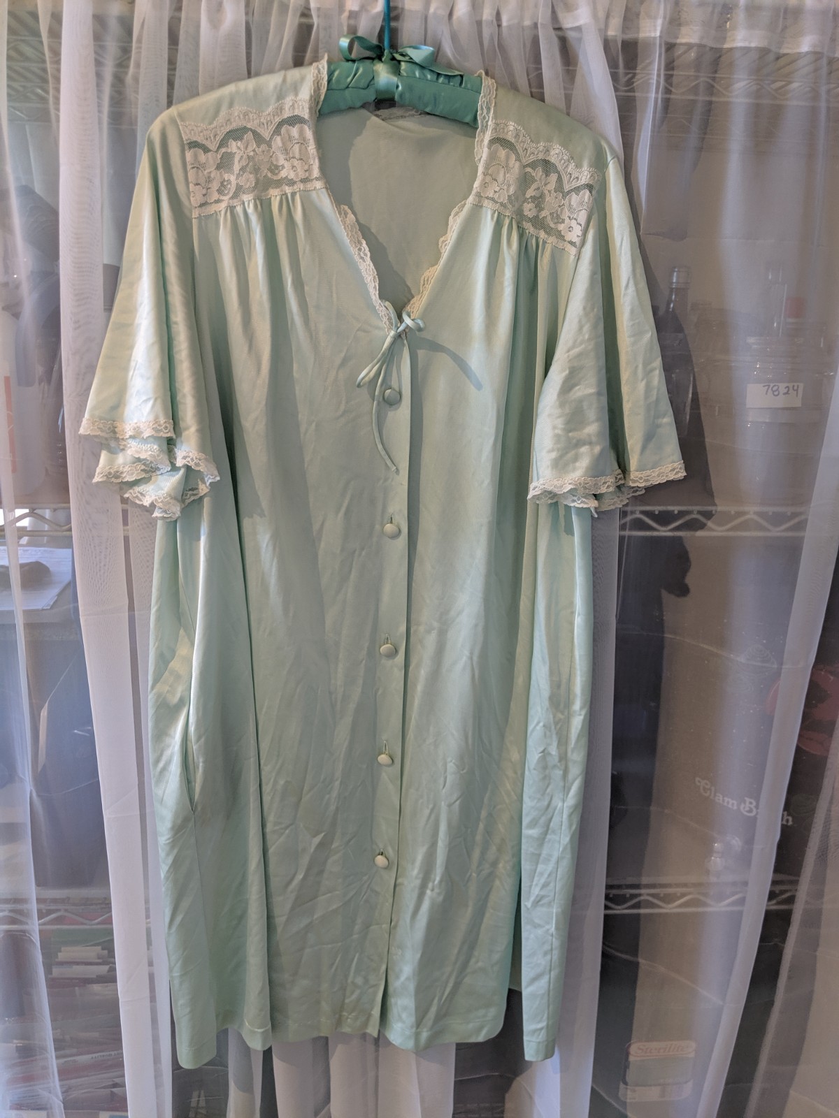 Vintage Nightie Nightgown pale green short sleeve XL 14 16 Nylon