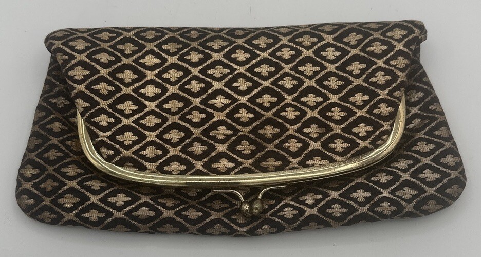 Vintage Torii Japanese Fold-over Clutch Black And Gold Brocade Mid Century Chic
