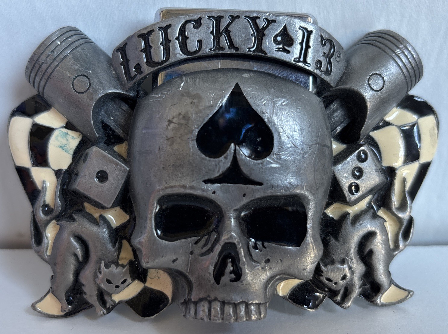 Vtg 2003 Lucky 13 ZIPPO Lighter Holder Belt Buckle Skull Dice W/knock Off Lightr