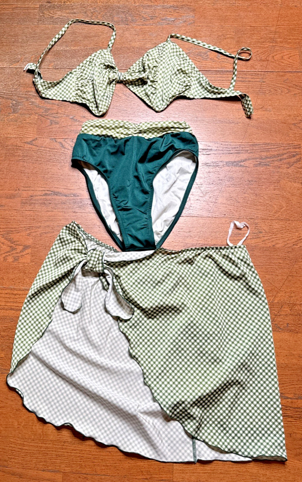 Rare Joyce Holder 1990s High Cut Bikini & Wrap Green/White Gingham 34/36 DD